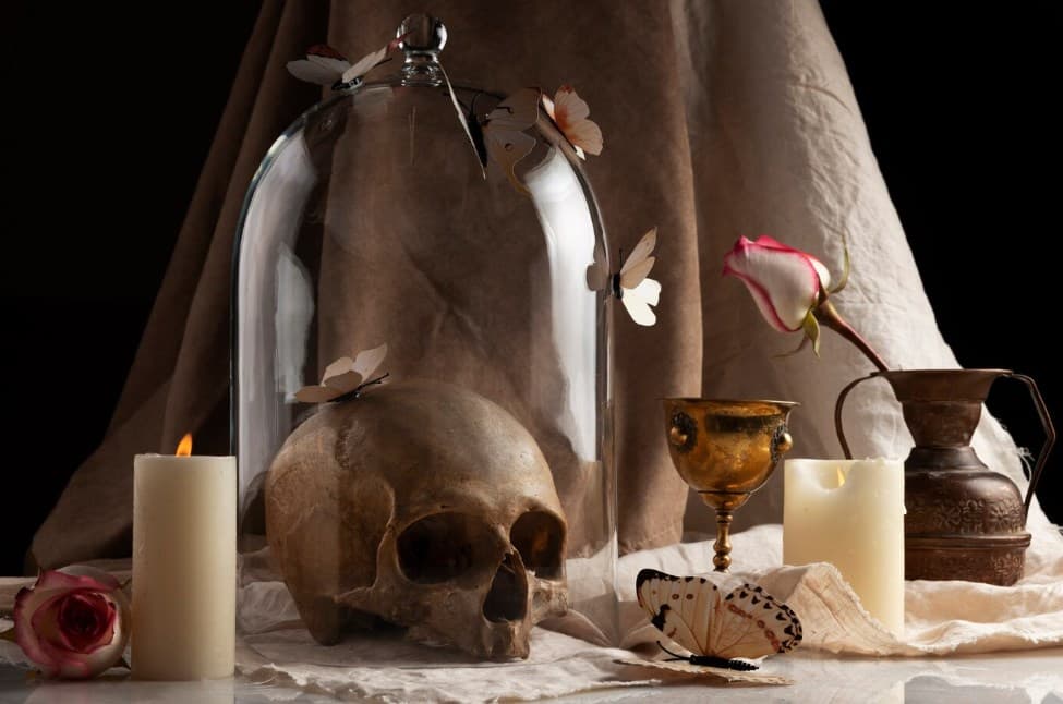 still life arrangement: a skull covered with a glass dome with lit candles, roses,  butterflies, an iron glass, and a vase