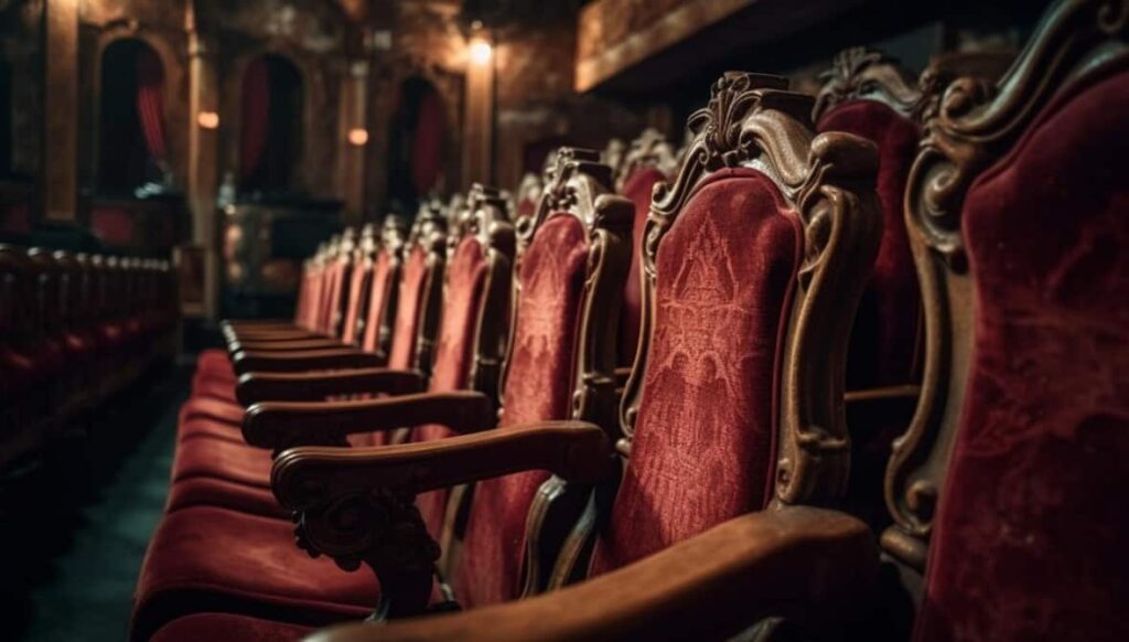 a side view of velvet red armchairs in a row empty auditorium