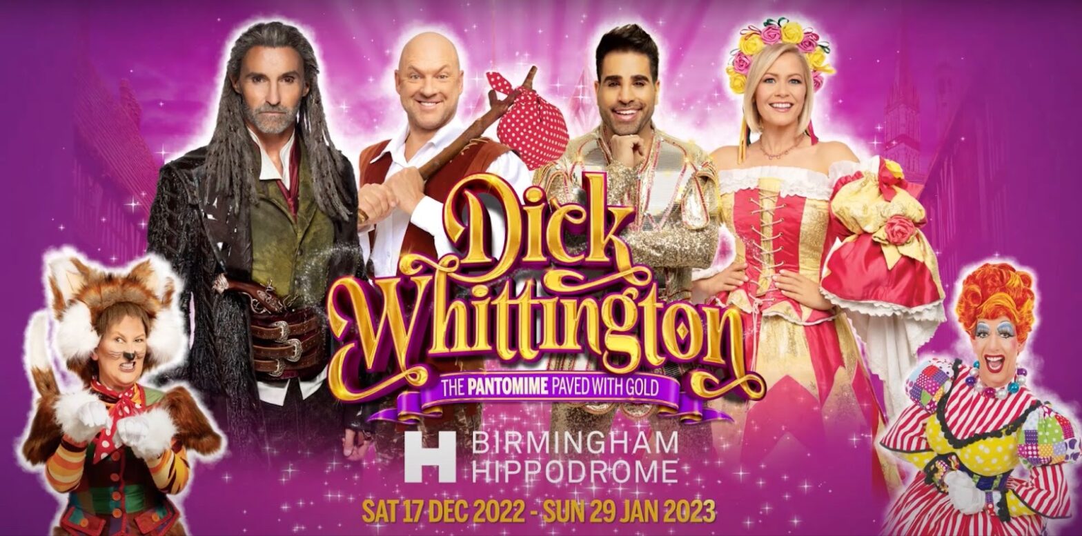Fairy tale characters on a pink background with the inscription Dick Whittington
