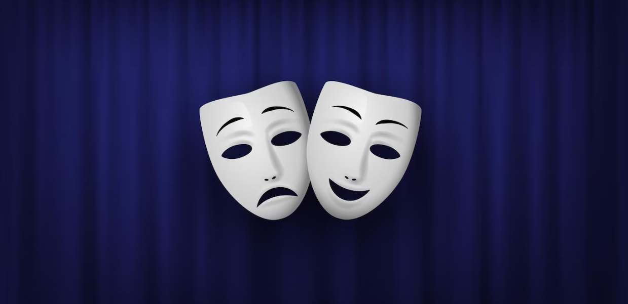 Two theatrical masks, one sad and one happy, set against a dark blue curtain background