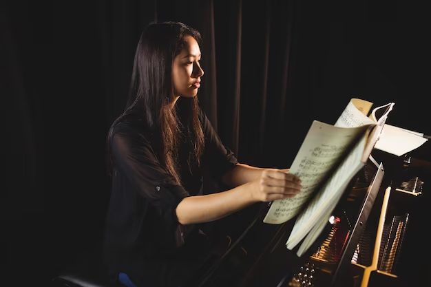 A girl flipping notes on stage